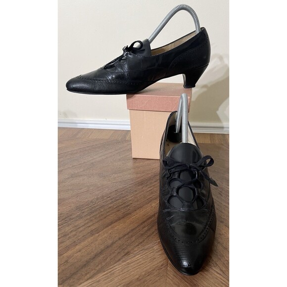 VTG 60s Johansen Shoes Womens 8.5 NARROW 4A Pointy Lace Up Kitten Heels Witchy - Picture 1 of 13